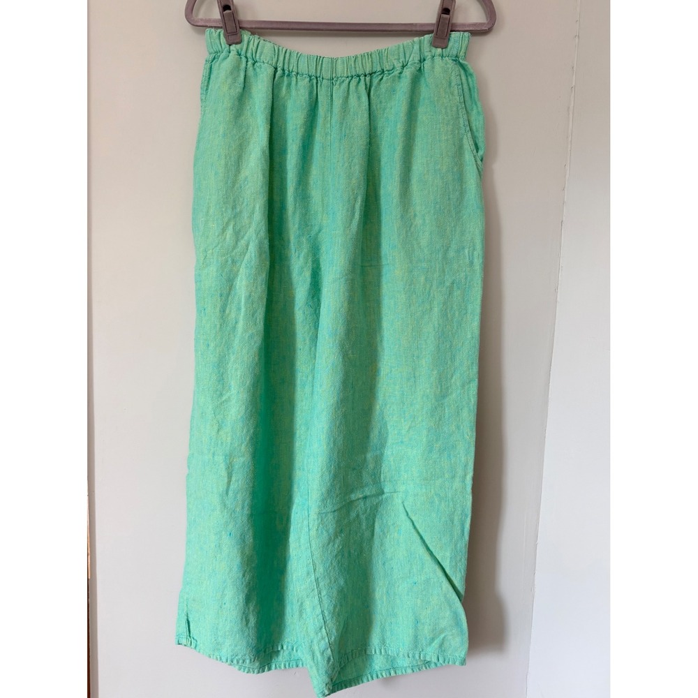 Flax Linen Pants Pull On Relaxed Wide Leg Cropped Green Yellow Medium Fits 10-14 - Picture 2 of 7